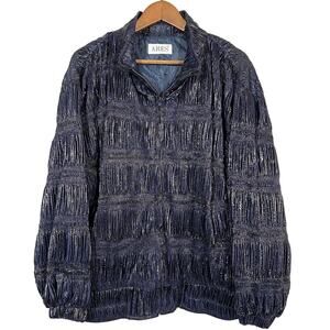 Vintage Ares Metallic Pleated Jacket Puffer Accordion Spotted Indigo - XL